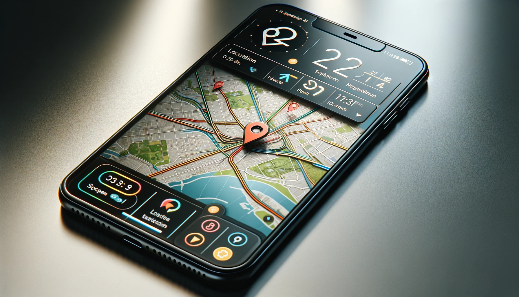 a modern smartphone with a location tracking app open on its screen. The app shows a detailed map with a marked location, a route highlighted in bright colors, and various UI elements such as buttons and icons.