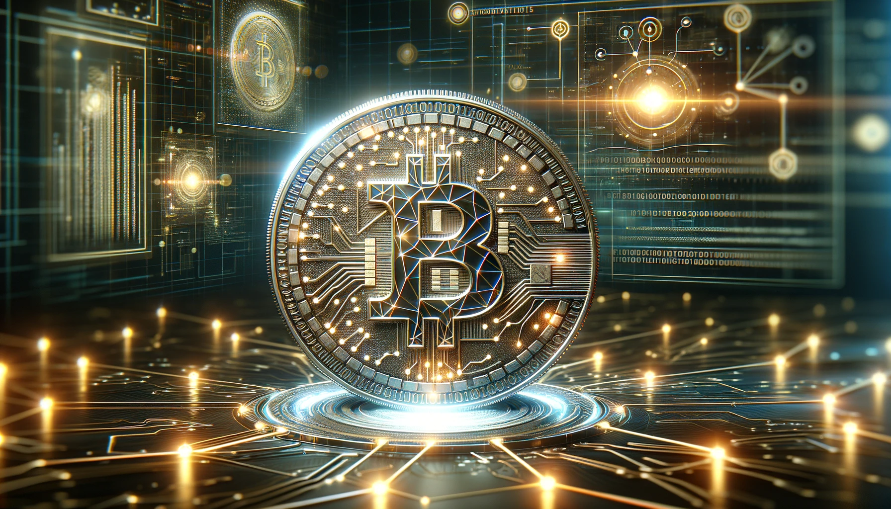 a glowing digital coin with intricate designs resembling a network of interconnected nodes. The coin is placed on a futuristic background, which includes digital elements like binary code, graphs, and blockchain symbols.