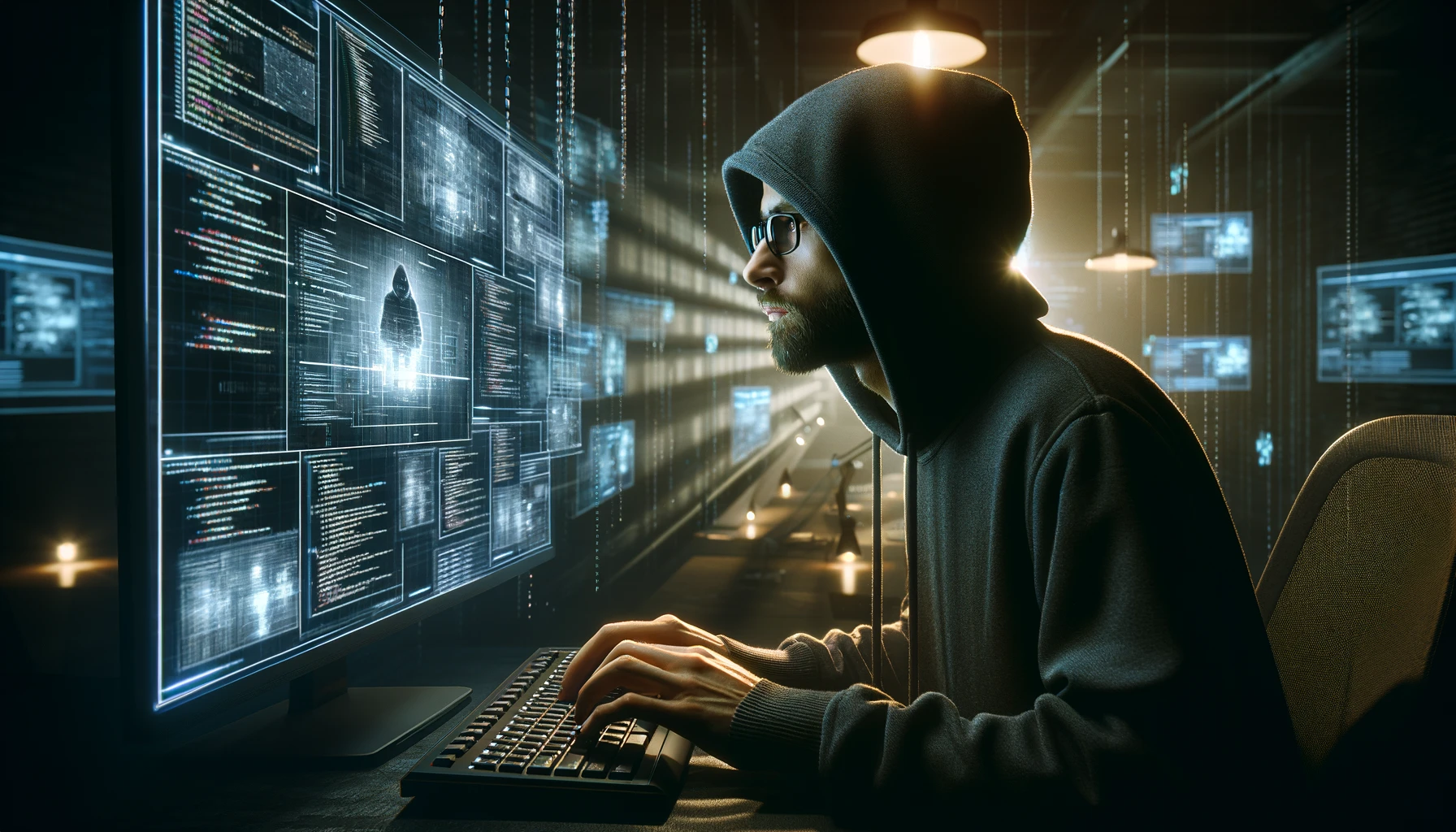 a male hacker wearing a hoodie and glasses, focusing intently on the screen that displays complex codes and digital graphics. 
