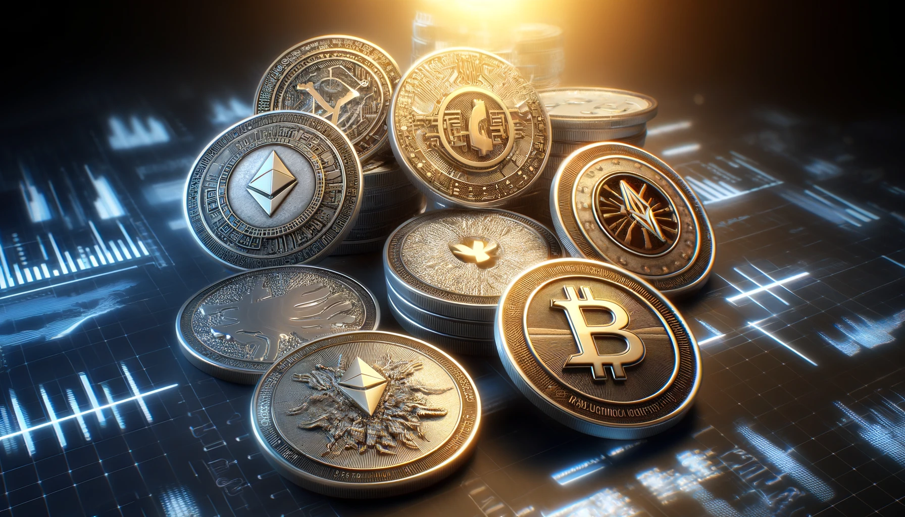 an image symbolizing altcoins, featuring a set of unique digital coins each with distinct symbols representing various alternative cryptocurrencies.