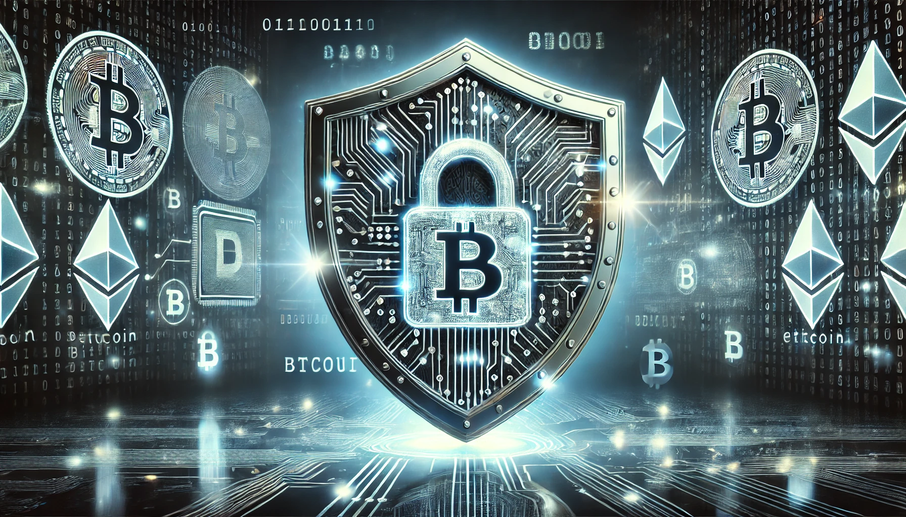 a shield made of glowing digital circuitry, with a padlock in the center, representing security. In the background, there are faint, holographic representations of cryptocurrency symbols such as Bitcoin and Ethereum, along with binary code and encrypted data streams flowing around the shield.