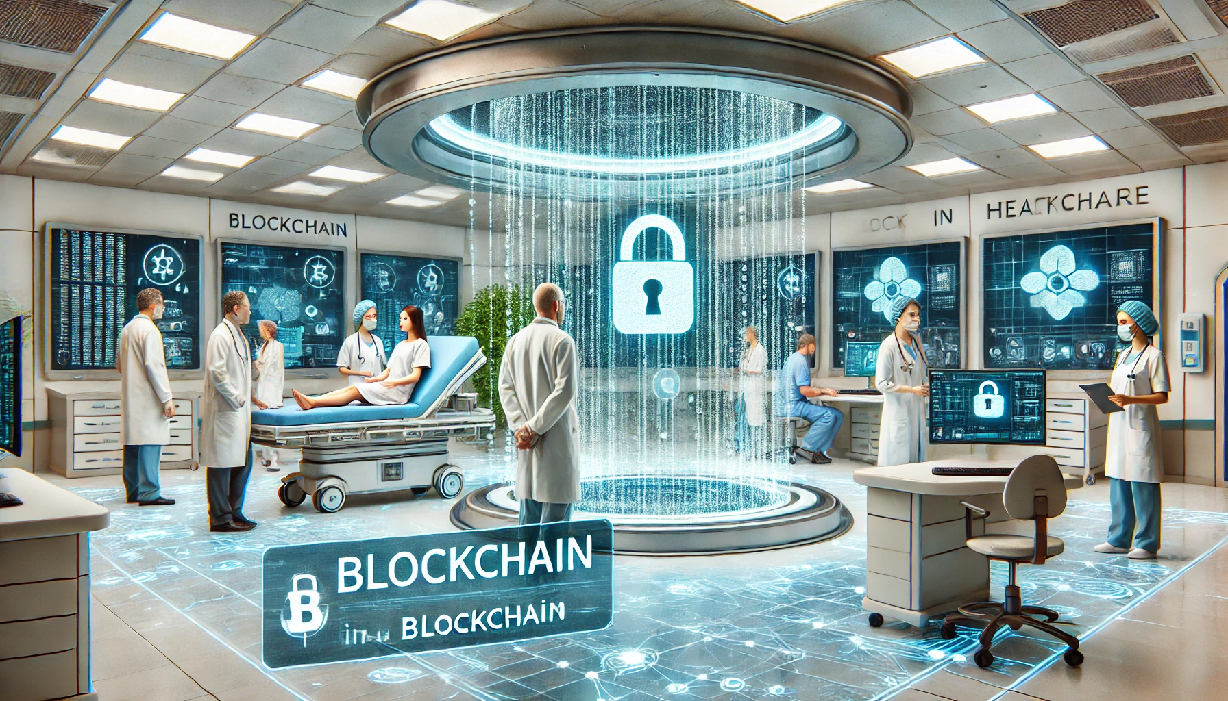 a futuristic hospital scene where doctors and patients interact with holographic screens displaying encrypted patient data securely stored on blockchain networks.