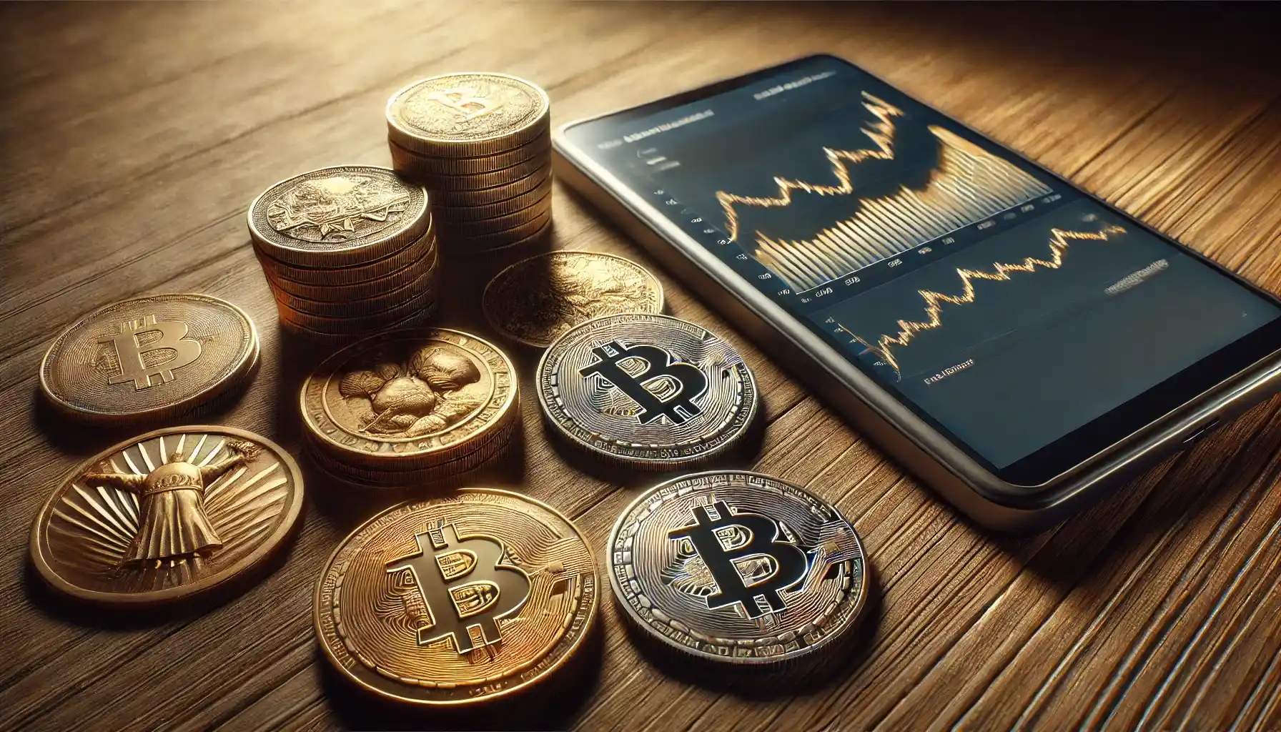 Antique gold and silver coins are placed next to a digital cryptocurrency wallet displaying a Bitcoin growth chart. 