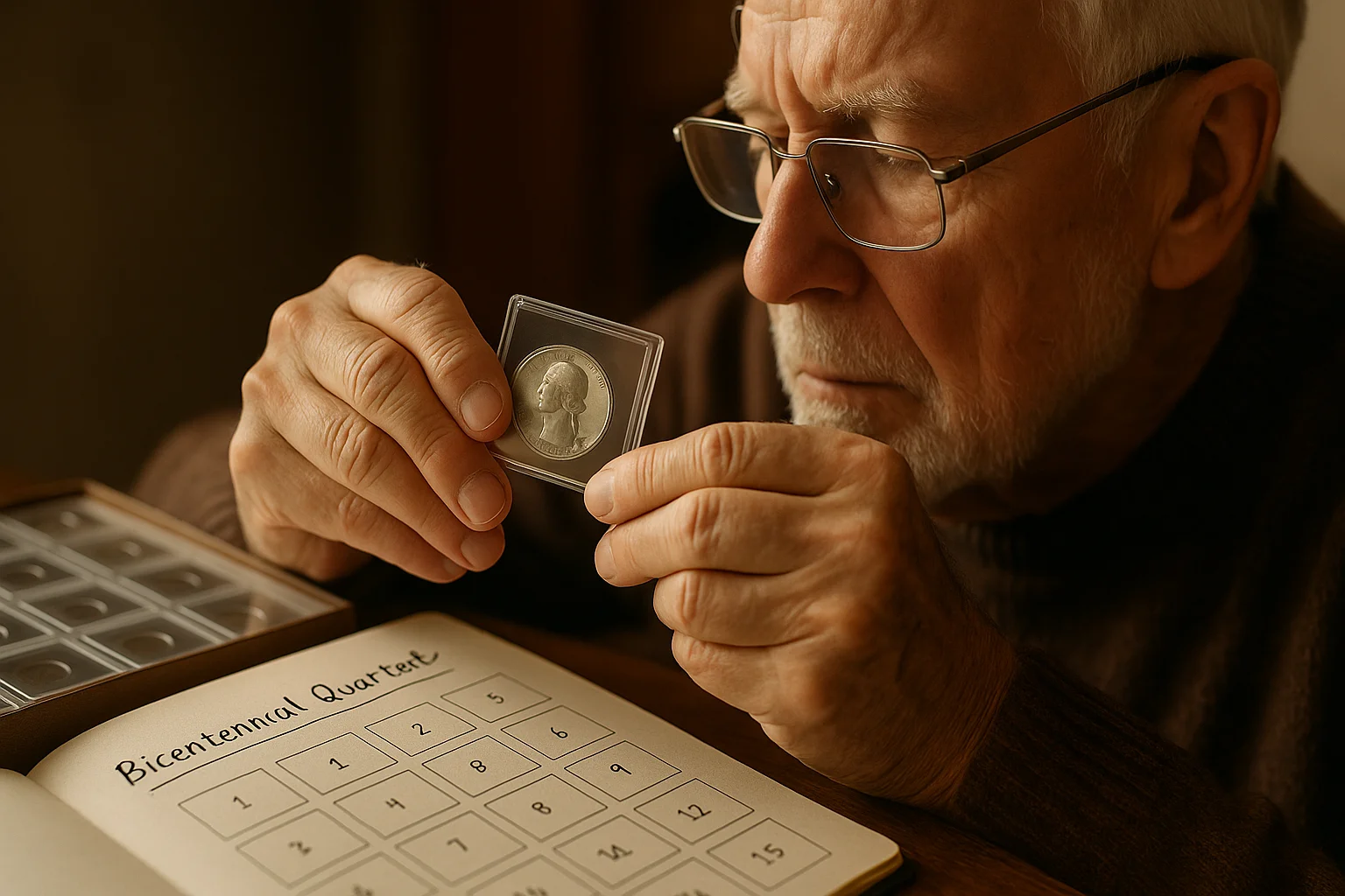 An elderly man carefully places a Bicentennial silver quarter into a clear plastic holder.
