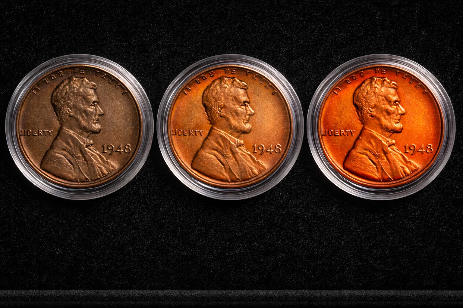 Three 1948 Lincoln Wheat cents in capsules showing Brown, Red Brown, and full Red color.